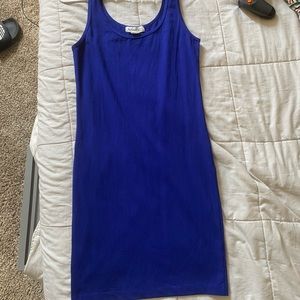 blue, fitted, stretchy mini dress
